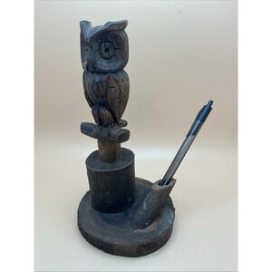 Vintage Hand-Carved Wooden Owl on Tree Stand w/ Desk Pen Pencil Holder